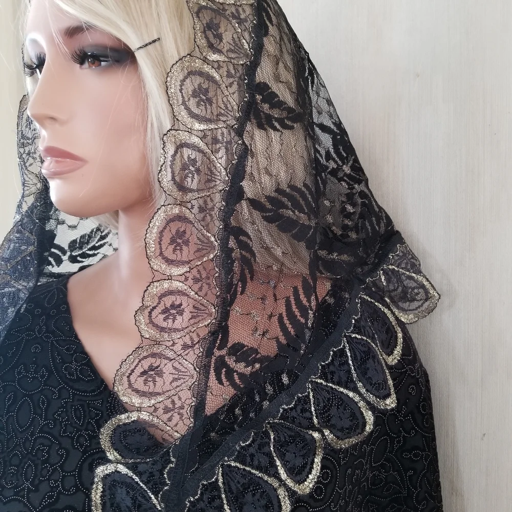 Black and Gold‎ Lace Palm Leaf Mantilla Chapel Veil Catholic Mass Holy Week